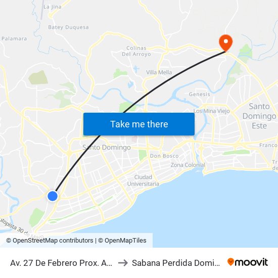 Av. 27 De Febrero Prox. Av. Isabel Aguilar to Sabana Perdida Dominican Republic map