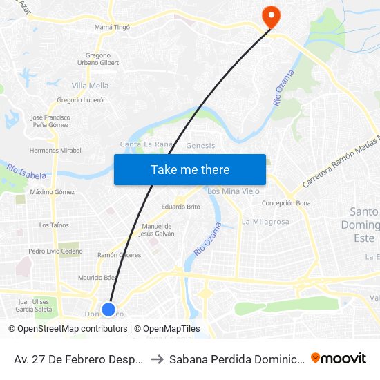Av. 27 De Febrero Desp. C/Jaragua to Sabana Perdida Dominican Republic map