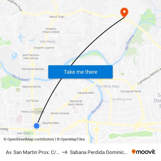 Av. San Martin Prox. C/Virgil Diaz to Sabana Perdida Dominican Republic map