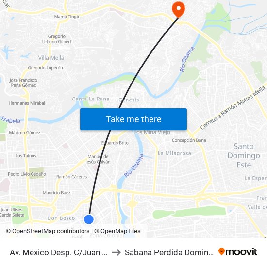 Av. Mexico Desp. C/Juan Bautista Vicini to Sabana Perdida Dominican Republic map