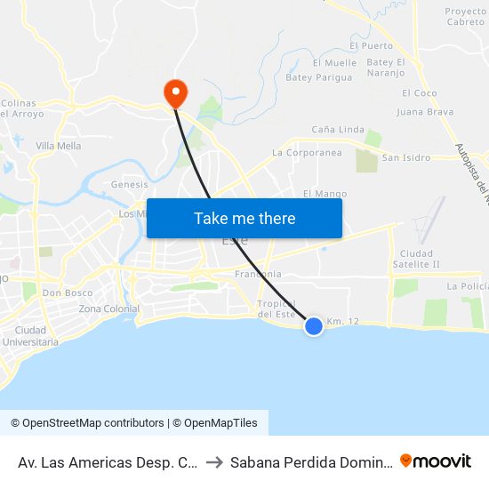 Av. Las Americas Desp. C/Eduardo Brito to Sabana Perdida Dominican Republic map