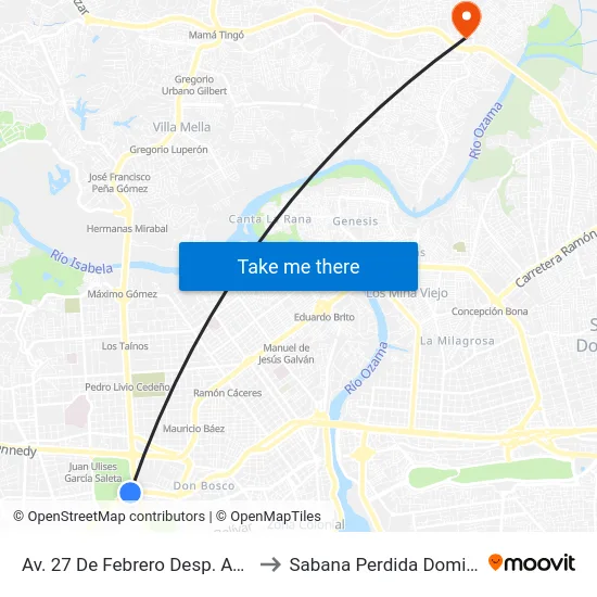 Av. 27 De Febrero Desp. Av. Máximo Gómez to Sabana Perdida Dominican Republic map