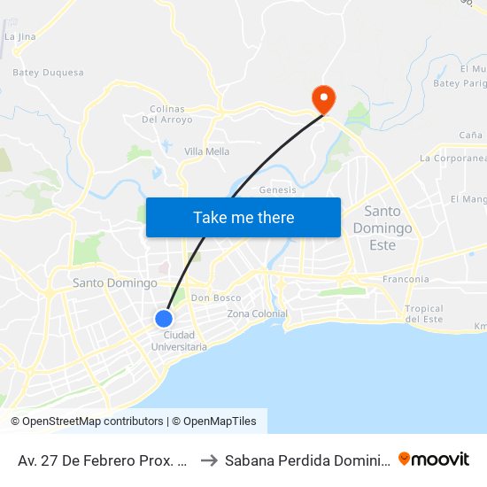 Av. 27 De Febrero Prox. Av. Tiradentes to Sabana Perdida Dominican Republic map