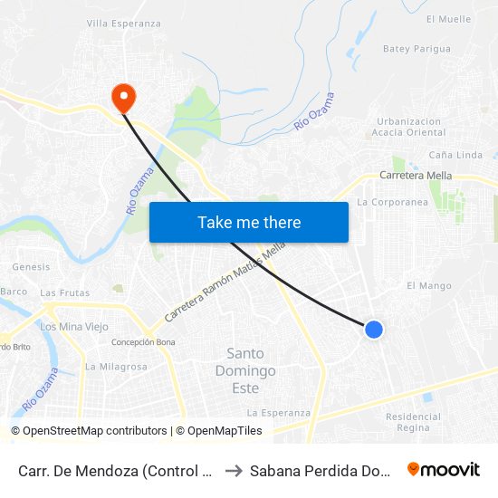 Carr. De Mendoza (Control Caribe Tours Urbano) to Sabana Perdida Dominican Republic map