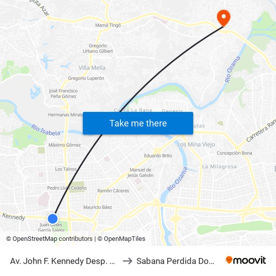 Av. John F. Kennedy Desp. Av. Ortega Y Gasset to Sabana Perdida Dominican Republic map