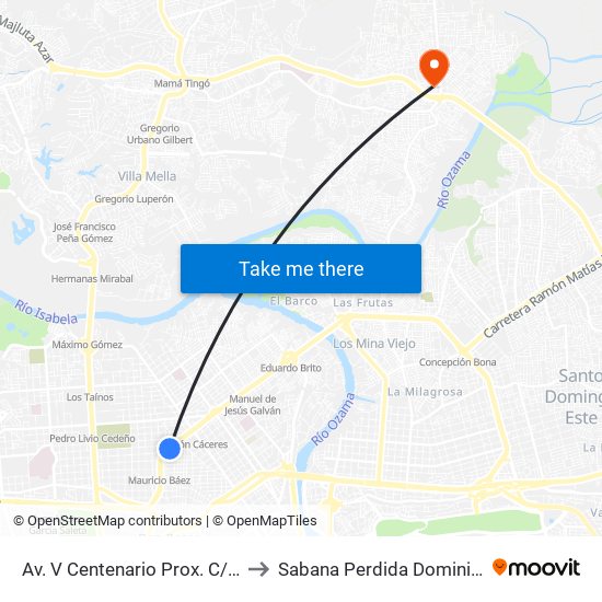 Av. V Centenario Prox. C/Núñez Fabian to Sabana Perdida Dominican Republic map