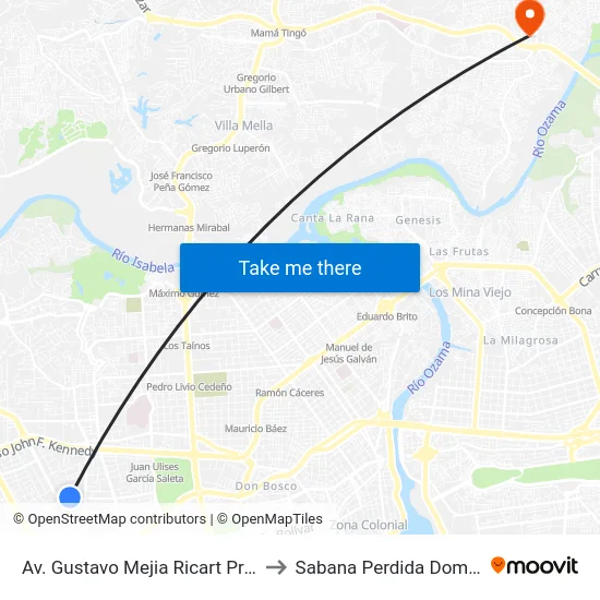 Av. Gustavo Mejia Ricart Prox. C/Agustin Lara to Sabana Perdida Dominican Republic map