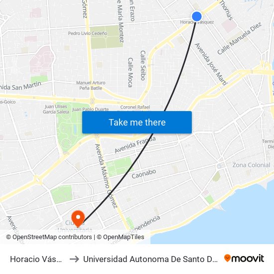 Horacio Vásquez to Universidad Autonoma De Santo Domingo map
