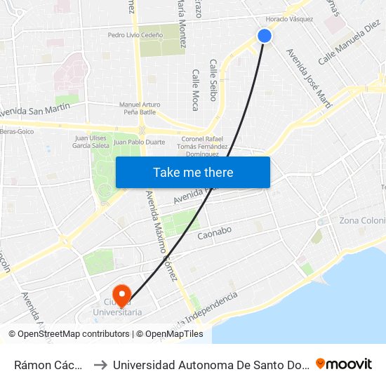 Rámon Cáceres to Universidad Autonoma De Santo Domingo map