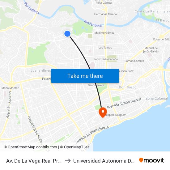 Av. De La Vega Real Prox. C/Apolo 11 to Universidad Autonoma De Santo Domingo map