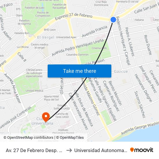 Av. 27 De Febrero Desp. Av. Leopoldo Navarro to Universidad Autonoma De Santo Domingo map