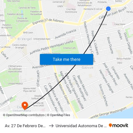 Av. 27 De Febrero Desp. C/Jaragua to Universidad Autonoma De Santo Domingo map