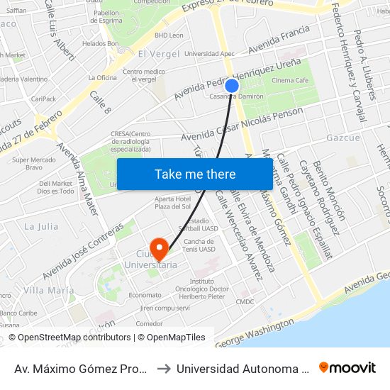 Av. Máximo Gómez Prox. C/Baltasar Brum to Universidad Autonoma De Santo Domingo map