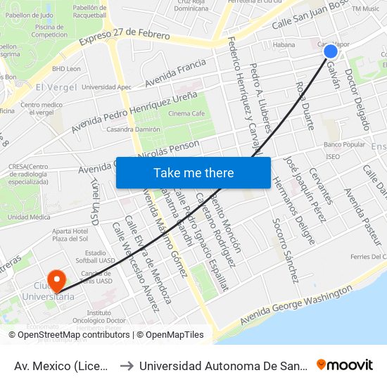 Av. Mexico (Liceo Ee Uu) to Universidad Autonoma De Santo Domingo map