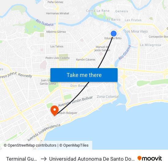 Terminal Gualey to Universidad Autonoma De Santo Domingo map