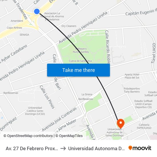 Av. 27 De Febrero Prox. Av. Tiradentes to Universidad Autonoma De Santo Domingo map