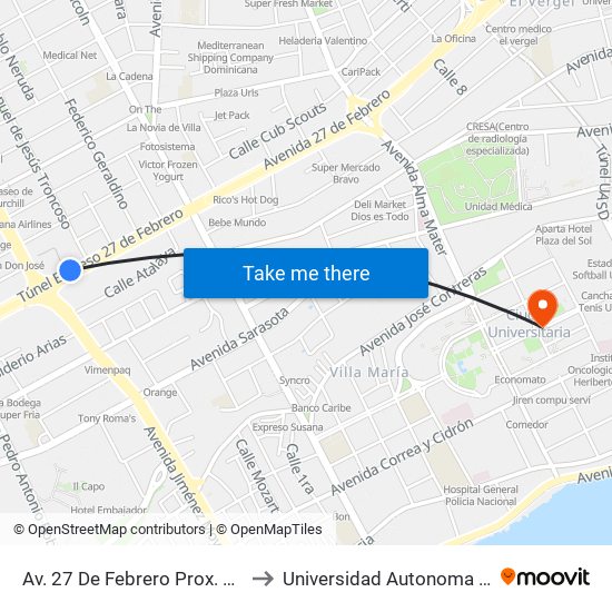 Av. 27 De Febrero Prox. Av. Winston Churchill to Universidad Autonoma De Santo Domingo map