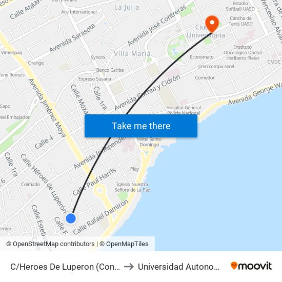 C/Heroes De Luperon (Control Caribe Tours Urbano) to Universidad Autonoma De Santo Domingo map