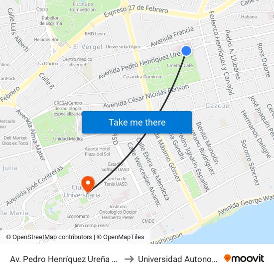 Av. Pedro Henríquez Ureña Prox. C/Felix Maria Del Monte to Universidad Autonoma De Santo Domingo map