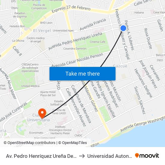 Av. Pedro Henríquez Ureña Desp. C/Federico Henriquez Y Carvajal to Universidad Autonoma De Santo Domingo map