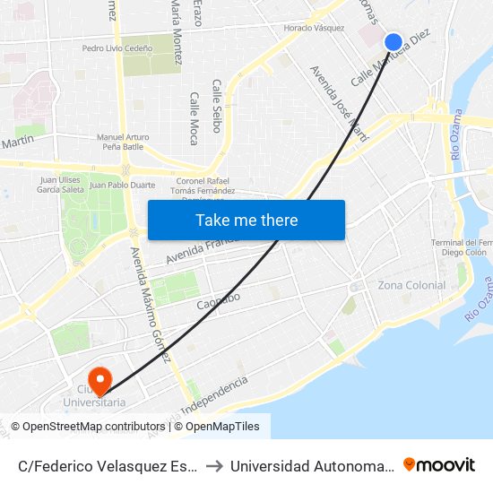 C/Federico Velasquez Esq. Av. Albert Thomas to Universidad Autonoma De Santo Domingo map