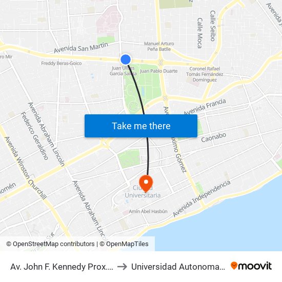 Av. John F. Kennedy Prox. Av. Ortega Y Gasset to Universidad Autonoma De Santo Domingo map