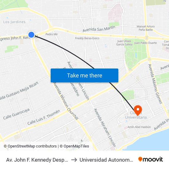 Av. John F. Kennedy Desp. Av. Winston Churchill to Universidad Autonoma De Santo Domingo map