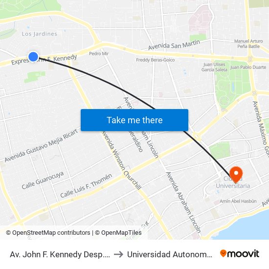 Av. John F. Kennedy Desp. C/ Jardines De Kyoto to Universidad Autonoma De Santo Domingo map