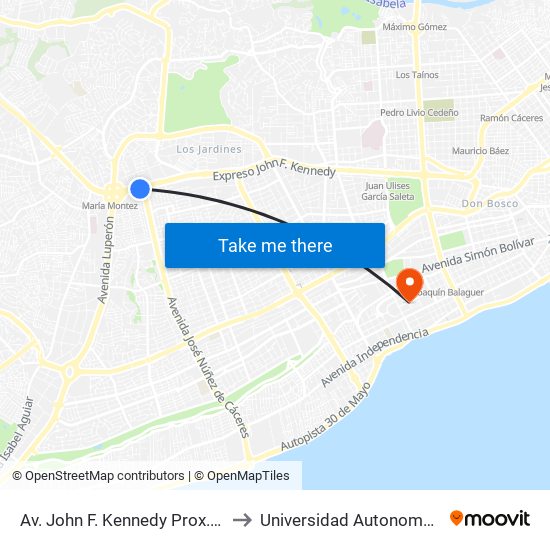 Av. John F. Kennedy Prox. Av. Núñez De Cáceres to Universidad Autonoma De Santo Domingo map