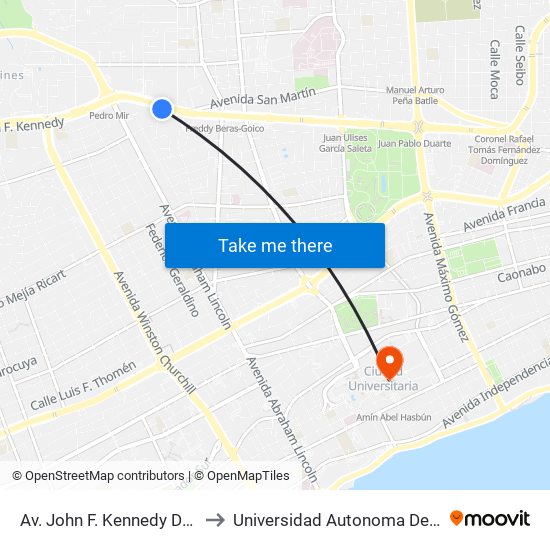 Av. John F. Kennedy Desp. C/Central to Universidad Autonoma De Santo Domingo map