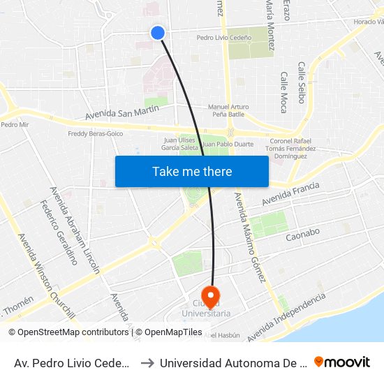 Av. Pedro Livio Cedeño Prox. C/39 to Universidad Autonoma De Santo Domingo map
