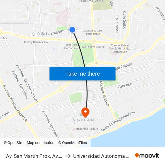 Av. San Martín Prox. Av. Ortega Y Gasset to Universidad Autonoma De Santo Domingo map