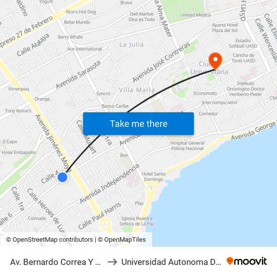 Av. Bernardo Correa Y Cidron Prox. C/7 to Universidad Autonoma De Santo Domingo map