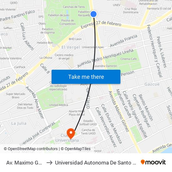 Av. Maximo Gomez to Universidad Autonoma De Santo Domingo map