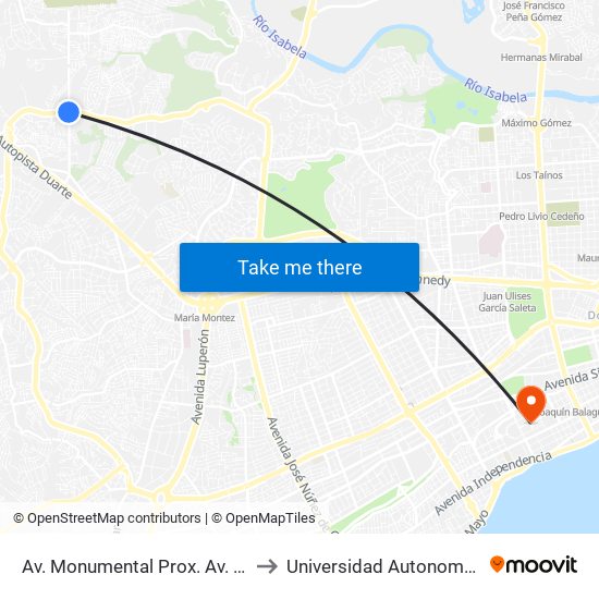 Av. Monumental Prox. Av. Republica De Colombia to Universidad Autonoma De Santo Domingo map