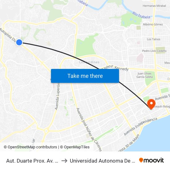 Aut. Duarte Prox. Av. Monumental to Universidad Autonoma De Santo Domingo map