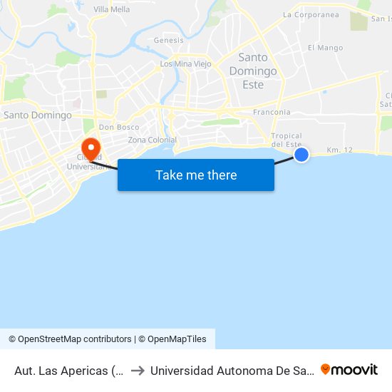 Aut. Las Apericas (Peatonal) to Universidad Autonoma De Santo Domingo map