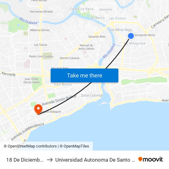 18 De Diciembre, 10 to Universidad Autonoma De Santo Domingo map