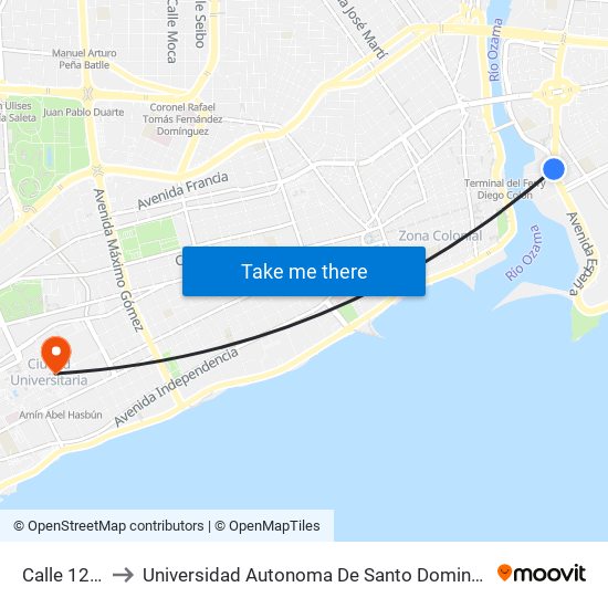 Calle 12 8 to Universidad Autonoma De Santo Domingo map