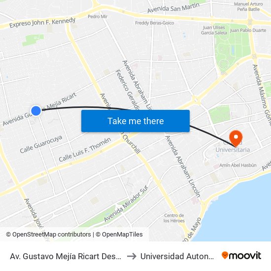 Av. Gustavo Mejía Ricart Desp. Av. Dr. Fernando Alberto Defilló to Universidad Autonoma De Santo Domingo map