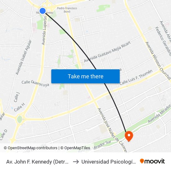 Av. John F. Kennedy (Detrás Estación María Montez) to Universidad Psicología Industrial Dominicana map