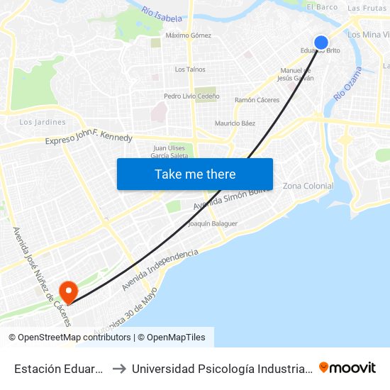 Estación Eduardo Brito to Universidad Psicología Industrial Dominicana map