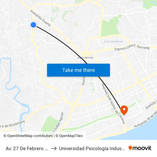 Av. 27 De Febrero (Minecom) to Universidad Psicología Industrial Dominicana map