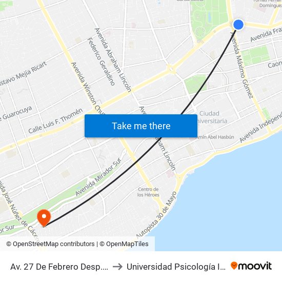Av. 27 De Febrero Desp. Av. Abraham Lincoln to Universidad Psicología Industrial Dominicana map