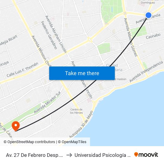 Av. 27 De Febrero Desp. Av. Leopoldo Navarro to Universidad Psicología Industrial Dominicana map