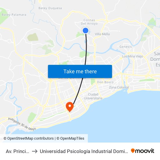 Av. Principal to Universidad Psicología Industrial Dominicana map