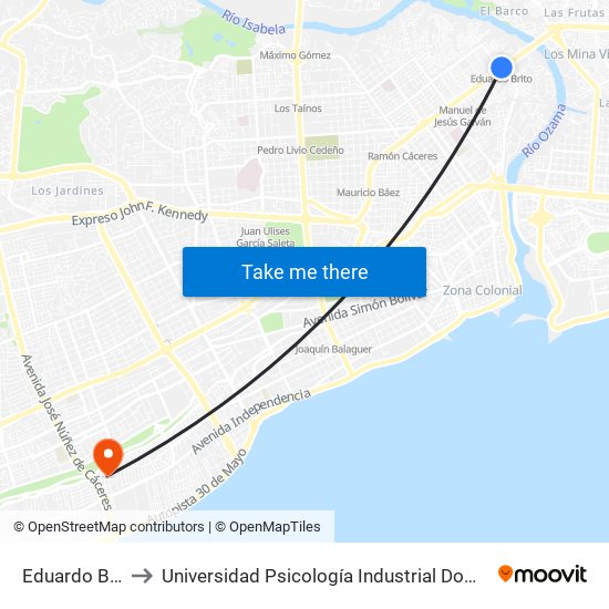 Eduardo Brito to Universidad Psicología Industrial Dominicana map