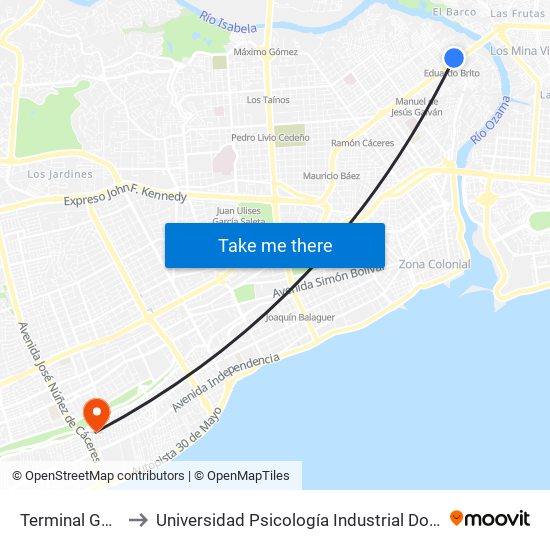 Terminal Gualey to Universidad Psicología Industrial Dominicana map