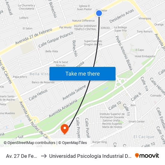 Av. 27 De Febrero to Universidad Psicología Industrial Dominicana map