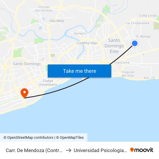 Carr. De Mendoza (Control Caribe Tours Urbano) to Universidad Psicología Industrial Dominicana map